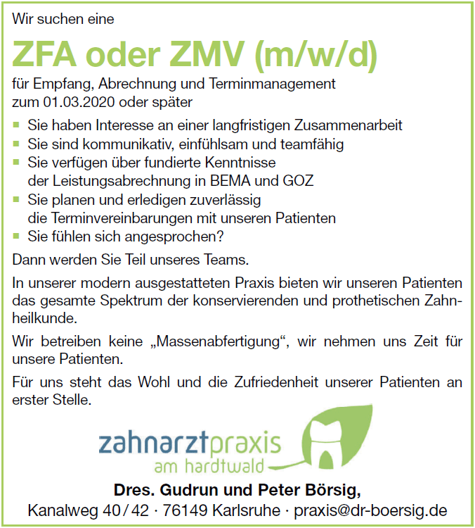 Stellenangebot Zahnarztpraxis Drs. Börsig in Karlsruhe